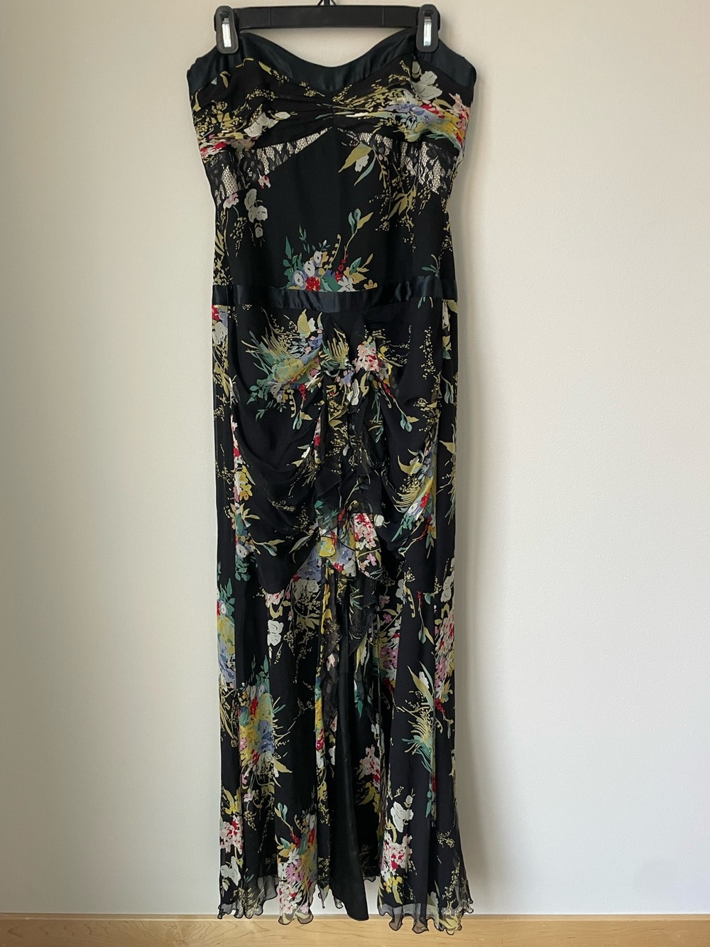 David Meister 100% Silk Strapless Floral Gown Size 10 Black Formal Evening Dress